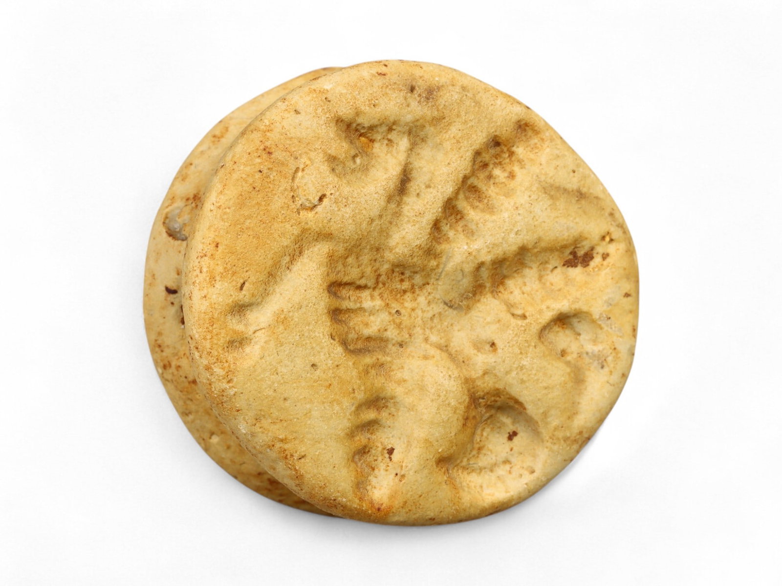 Ancient Mesopotamian Vulture Motif Double-Convex Stamp Seal Bead, c. 3rd-2nd Millennium BCE 20g: This finely crafted double-convex stamp seal bead, measuring 3 cm in diameter and weighing 20 grams, originates from ancient Mesopotamia, dating to the Early Dynastic to Old Babylonian period (c. 3rd-