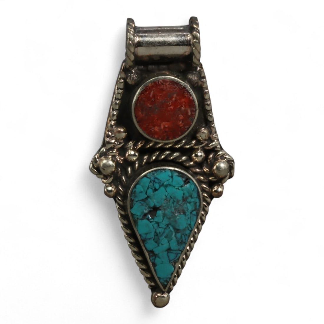 Vintage Himalayan Turquoise Coral Silver Amulet Pendant, Mid-20th Century, 4.5cm: This compact vintage pendant, crafted in the mid-20th century, reflects the devotional artistry of the Himalayan region. Measuring 4.5 cm, the piece combines turquoise and coral in a silver setting ad