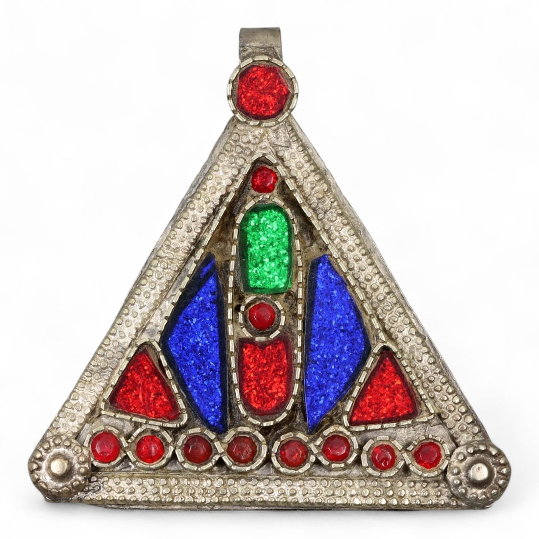 Antique Himalayan Silver Amulet Box Pendant with Glass Inlays, c. 19th Century, 5.5cm (1 of 2)