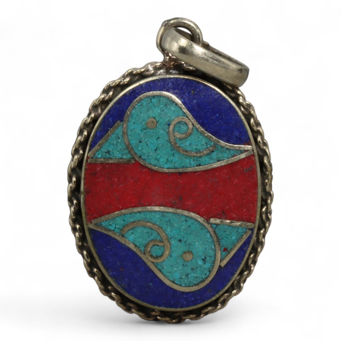 Vintage Tibetan Silver and Cloisonne Enamel Pendant, c. Mid-20th Century, 3.5cm (1 of 2)