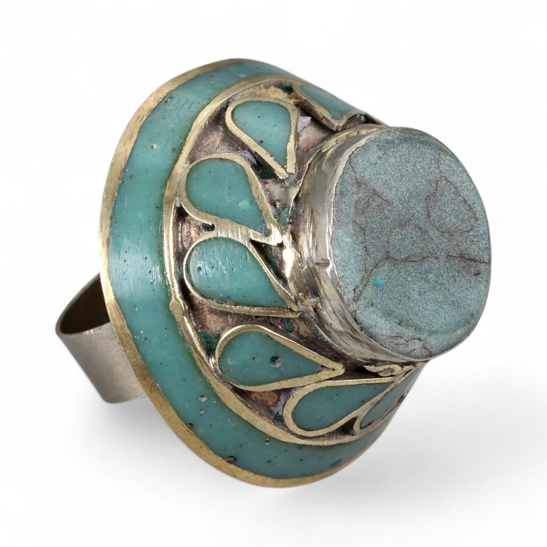 Antique Central Asian Silver Ring with Turquoise and Green Enamel, c. 19th-20th Century, 22g: This bold antique silver ring exemplifies the grand design and symbolism of Central Asian jewelry from the 19th to early 20th century. The wide circular bezel is richly adorned with green enamel in te