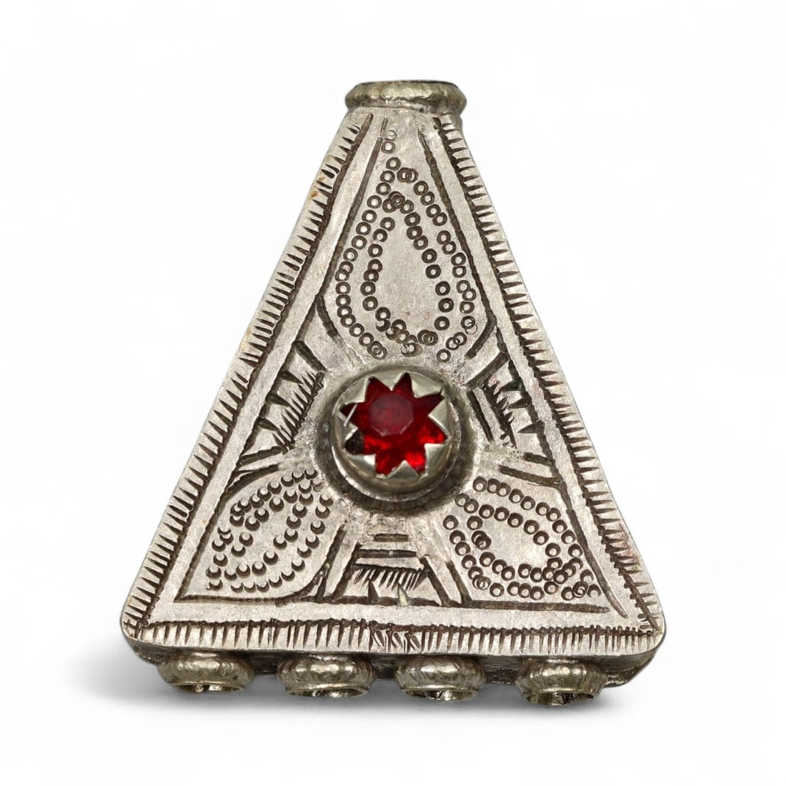 Antique Himalayan Triangular Silver Amulet Pendant, c. 19th Century, 5cm: This striking triangular silver amulet pendant originates from the Himalayan cultural region, most likely Nepal or Tibet, and dates to the 19th century. Such pendants, often worn suspended from a neck