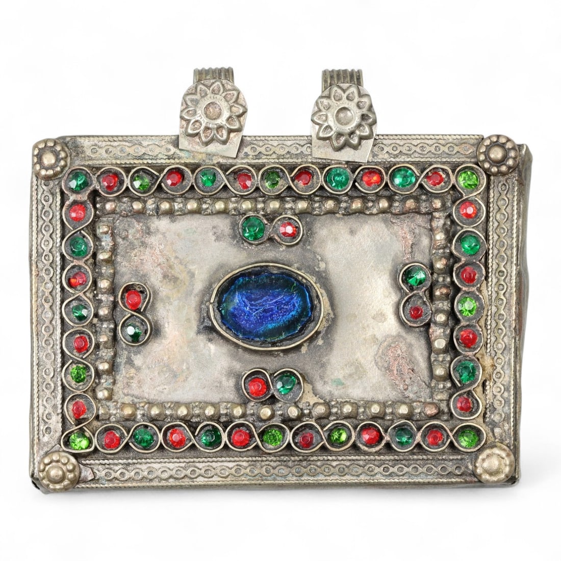 Antique Himalayan Silver Amulet Box Pendant with Glass Inlays, c. 19th Century, 7cm (1 of 2)