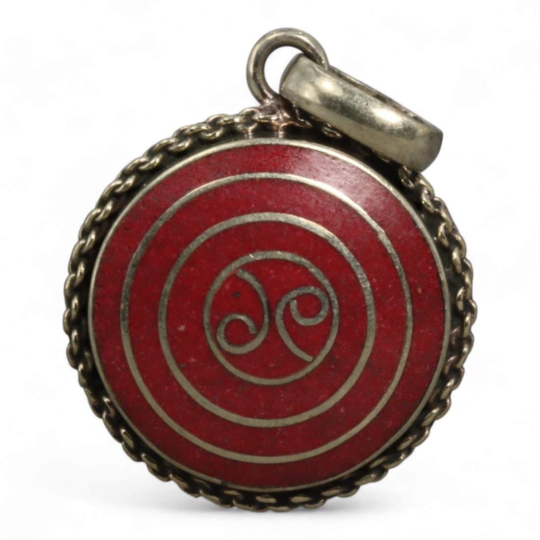 Vintage Tibetan Silver and Cloisonne Enamel Pendant, c. Mid-20th Century, 3cm: This vintage Tibetan pendant, dating to the mid-20th century, is a fine example of cloisonne enamel artistry. The pendant is set in a silver frame with a twisted rope border, enclosing a vibrant clois