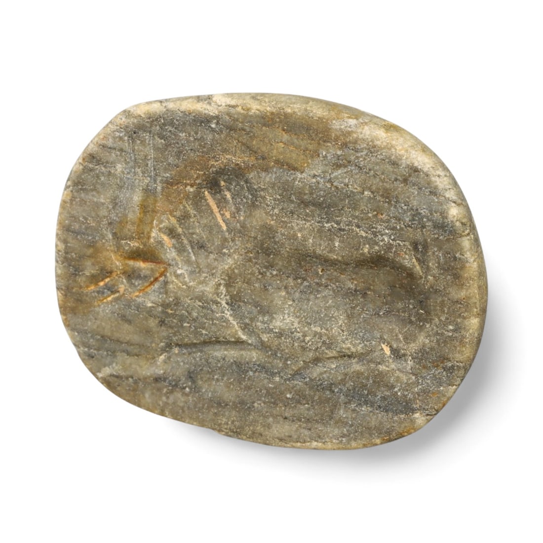 Ancient Mesopotamian Old Babylonian Steatite Stamp Seal with Ibex, c. 19th-17th Century BCE 15g: This oval steatite stamp seal, measuring 2.5 cm (1 in) and weighing 15 g (0.53 oz), dates to the Old Babylonian period, c. 2000-1600 BCE. Its engraved face depicts an ibex in profile, identified by it