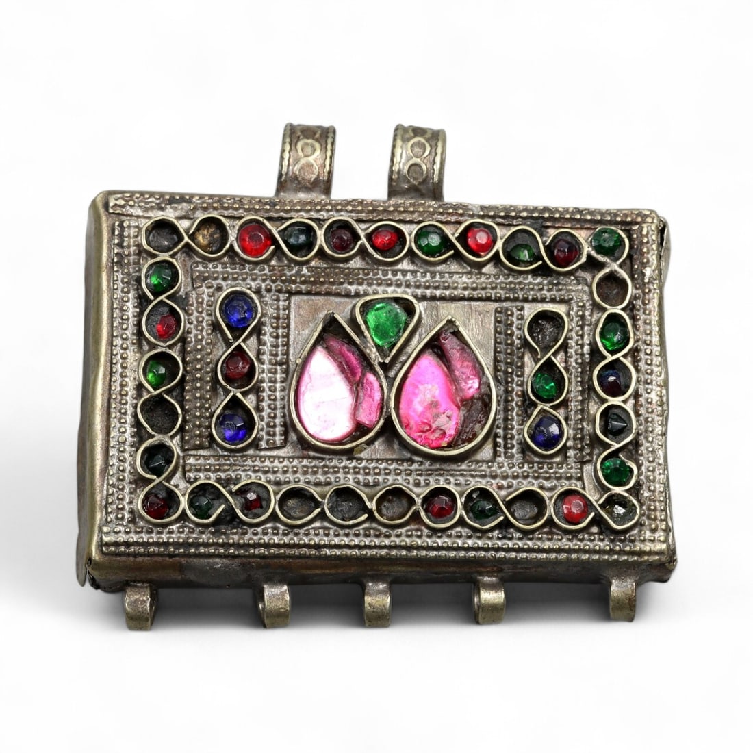 Antique Himalayan Silver Amulet Box Pendant with Glass Inlays, c. 19th Century, 6cm (1 of 2)