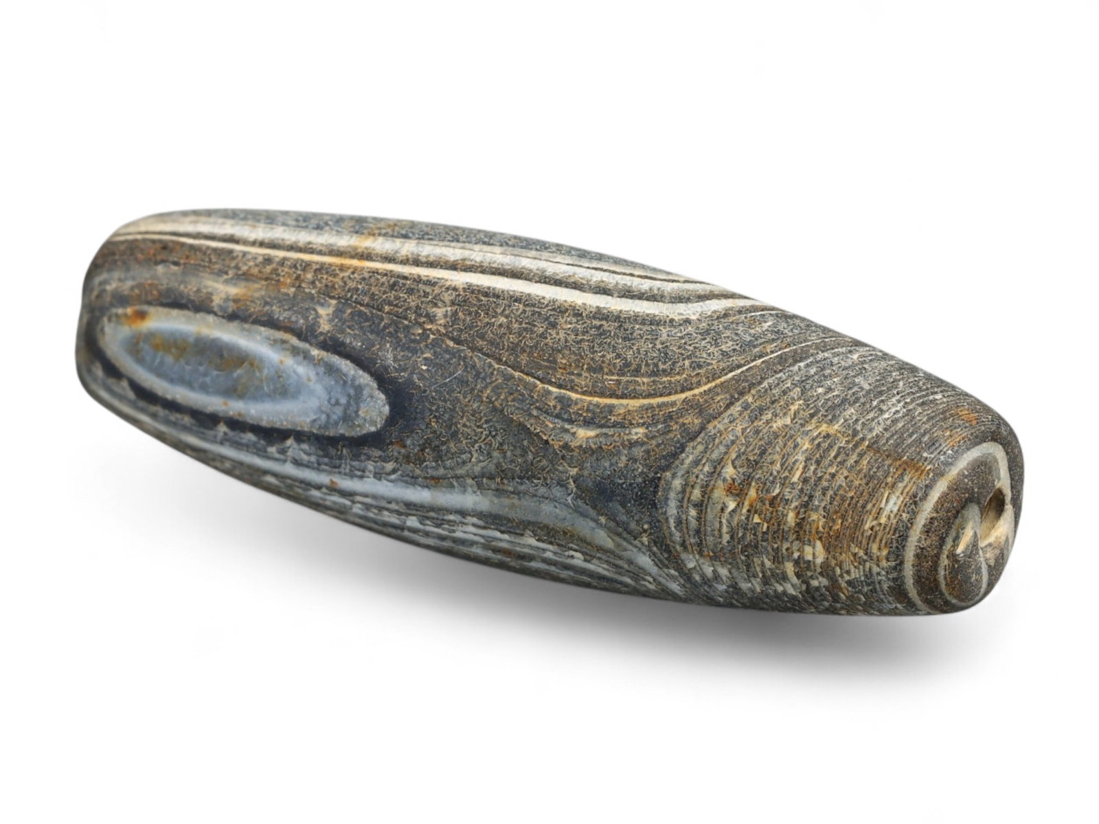Ancient Gandhara Banded Sulaimani Agate Bead, c. 1st-3rd Century CE, 3cm: This striking banded agate bead, often referred to as a Sulaimani bead, originates from the Gandhara region, c. 1st-3rd century CE, during the height of the Kushan Empire. Gandhara, straddling present