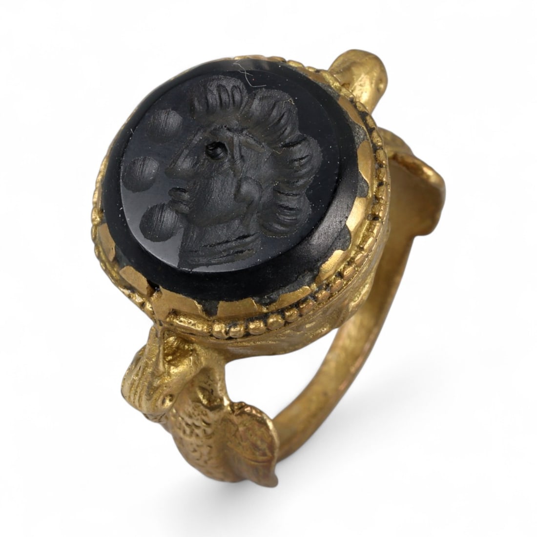 Antique Central Asian Gilt Silver Ring with Black Stone Intaglio & Bird Motifs, c. 19th-20th (1 of 3)
