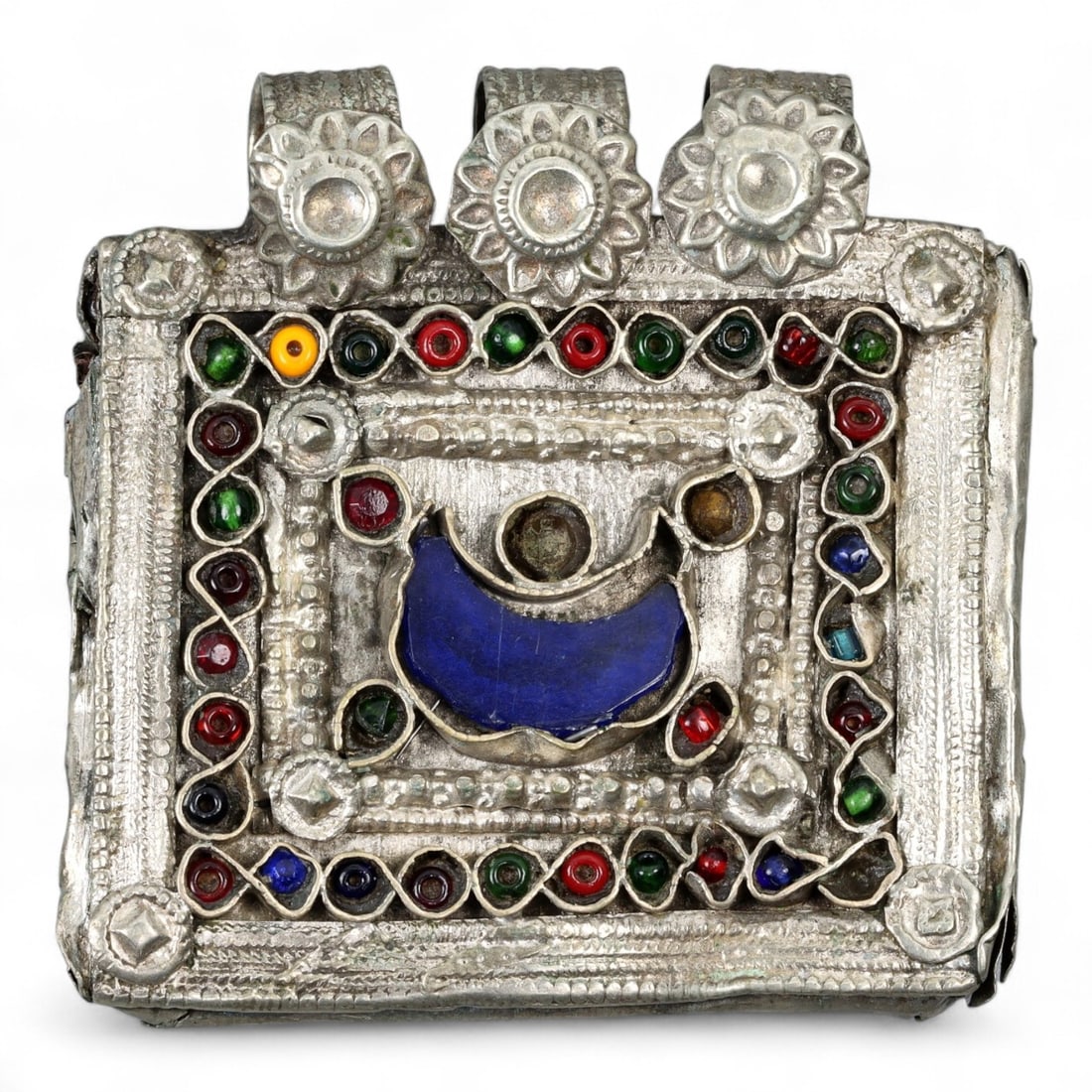 Antique Himalayan Silver Amulet Box Pendant with Glass Inlays, c. 19th Century, 6cm (1 of 2)