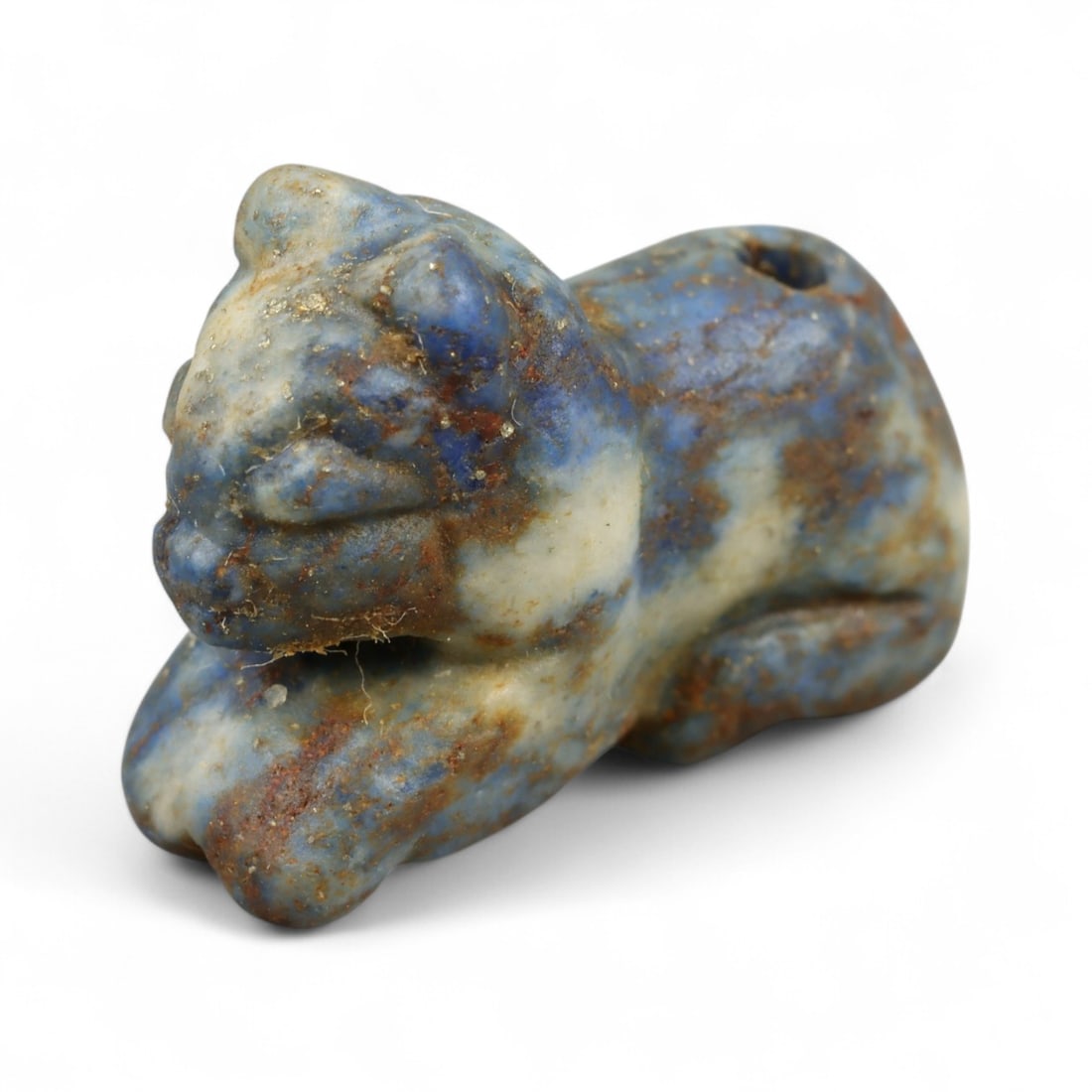 Ancient Bactrian Lapis Lazuli Feline Amulet, c. 3rd-2nd Millennium BCE, 1.5cm: This finely carved feline amulet, crafted from deep blue lapis lazuli. It originates from Bactria (ancient Afghanistan, c. 2300-1700 BCE), a region celebrated for its lapidary artistry and as the worl