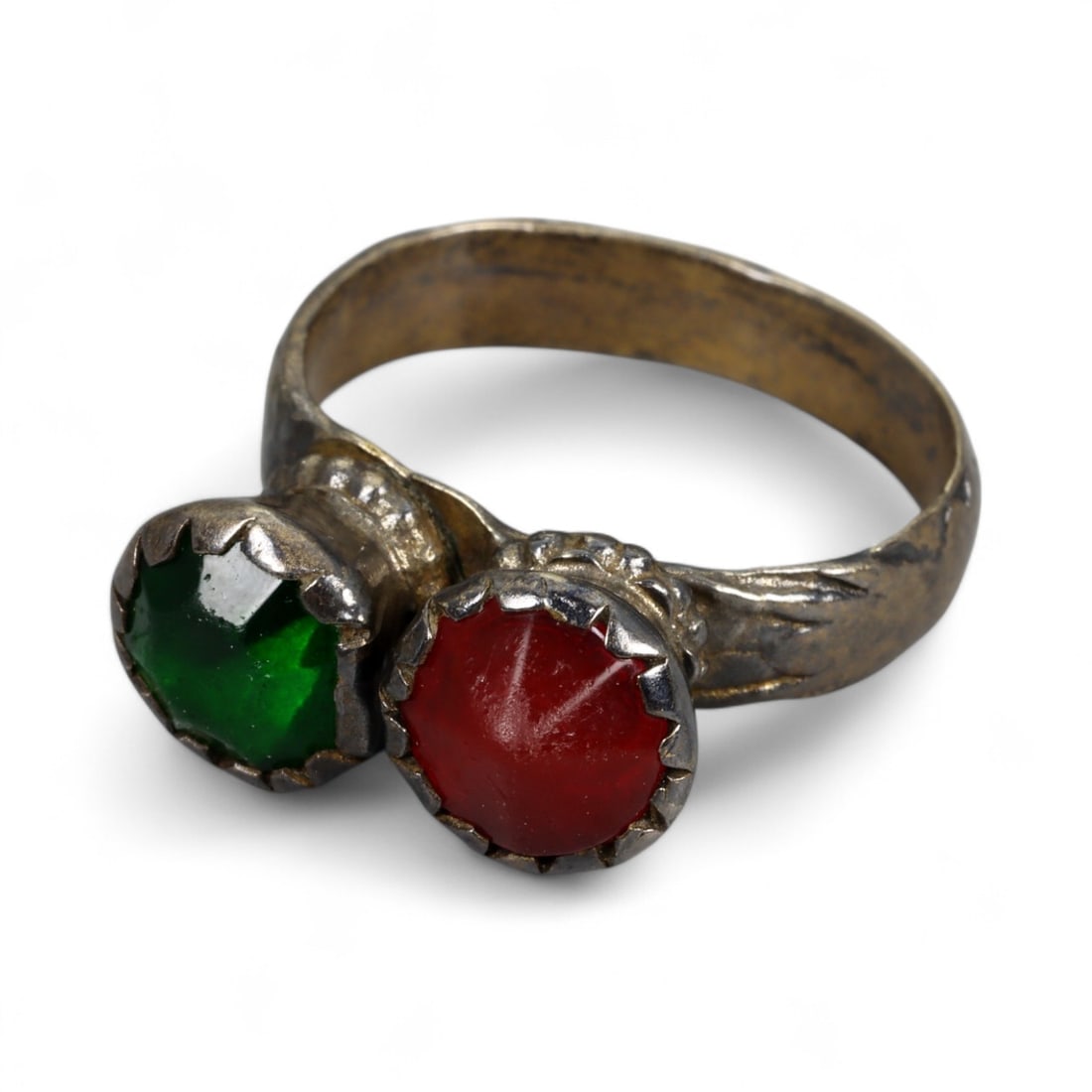 Antique Central Asian Double Cabochon Red and Green Glass Silver Ring, c. 19th-20th Century 5g (1 of 3)
