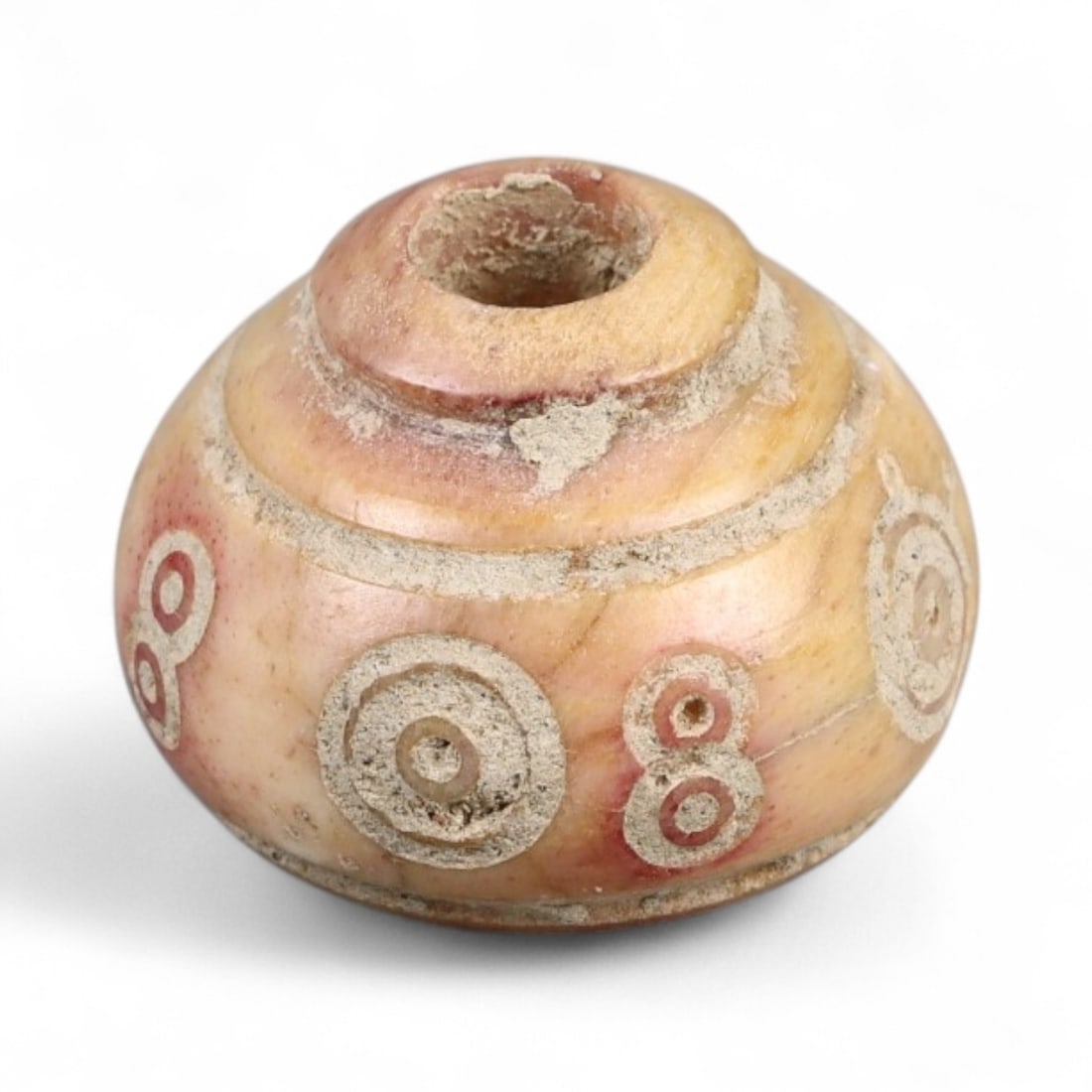 Ancient Medieval Nishapur Silk Road Bone Spindle Whorl, c. 9th-11th Century CE, 1.5cm: This finely carved spindle whorl originates from Nishapur, an important Silk Road city in medieval northeastern Iran, dating to approximately the 9th-11th century CE. Such spindle whorls were essentia