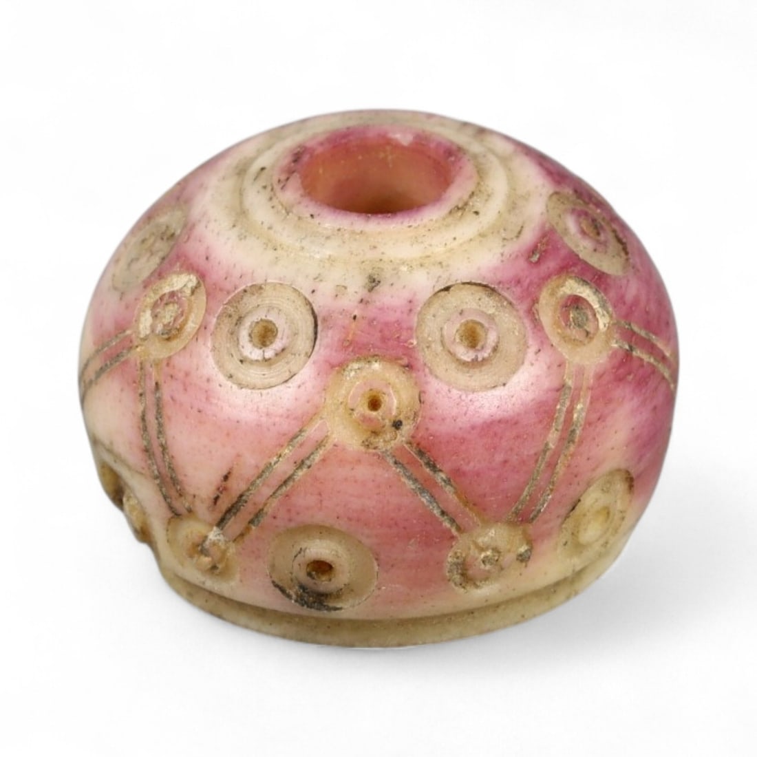 Ancient Medieval Nishapur Silk Road Bone Spindle Whorl, c. 9th-11th Century CE, 1.7cm: This finely carved spindle whorl originates from Nishapur, an important Silk Road city in medieval northeastern Iran, dating to approximately the 9th-11th century CE. Such spindle whorls were essentia