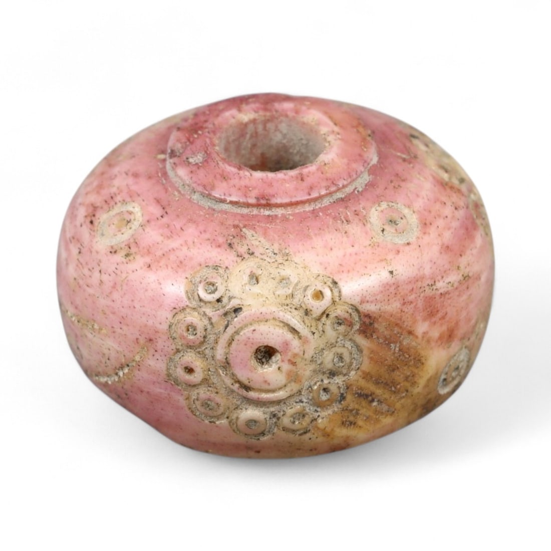 Ancient Medieval Nishapur Silk Road Bone Spindle Whorl, c. 9th-11th Century CE, 2.1cm: This finely carved spindle whorl originates from Nishapur, an important Silk Road city in medieval northeastern Iran, dating to approximately the 9th-11th century CE. Such spindle whorls were essentia