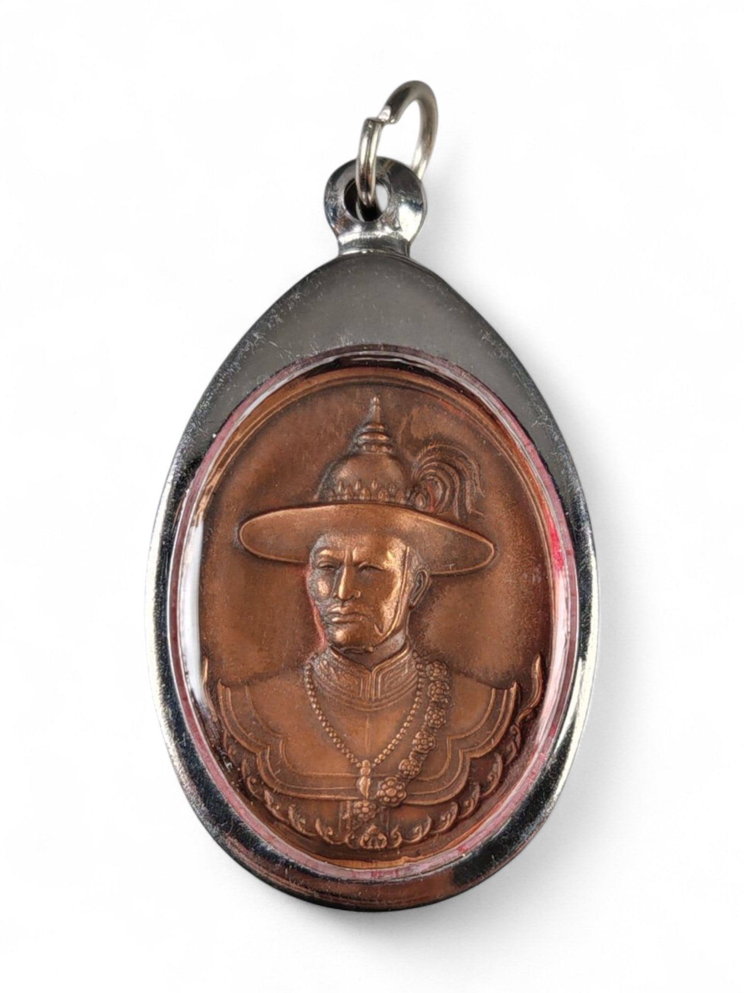 Vintage Thai King Naresuan Commemorative Copper Medal Amulet in Silver-Tone Case, c. 20th Century, (1 of 2)