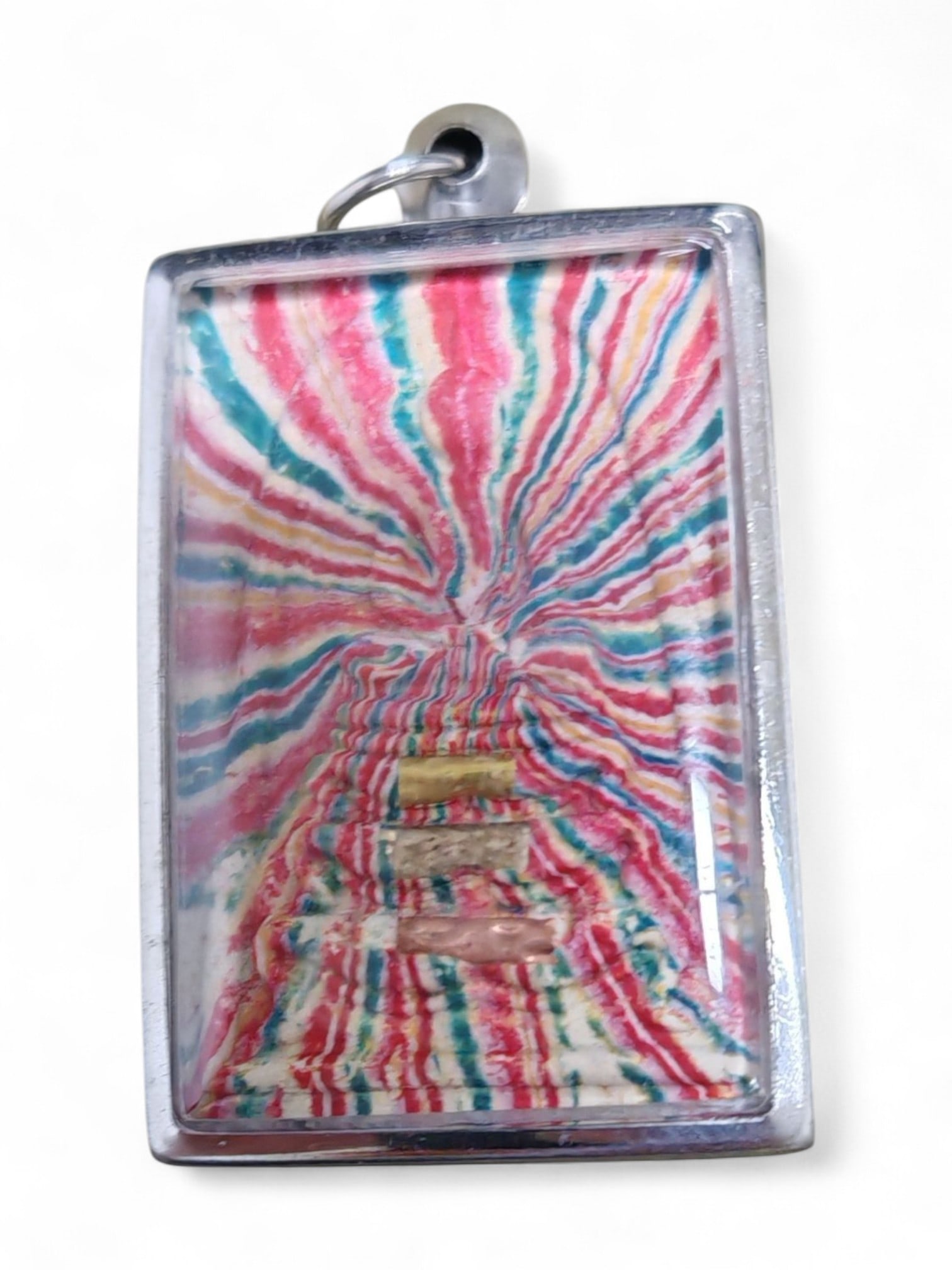 Vintage Thai Rainbow Pattern Talisman Amulet in Silver-Tone Case, c. 20th Century, 5x3cm (1 of 2)