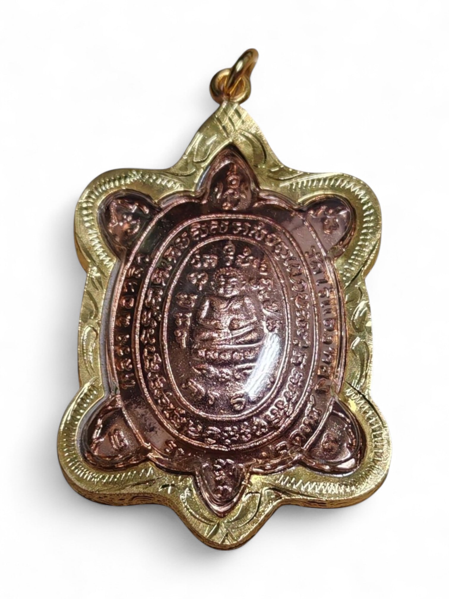Vintage Thai Turtle Wealth Buddha Amulet in Gilt Case, c. 20th Century, 6x3.5cm: This vintage Thai amulet is cast in the auspicious shape of a turtle, a form deeply rooted in Thai Buddhist and folk symbolism as a bearer of long life, protection, and prosperity. At its center, the 