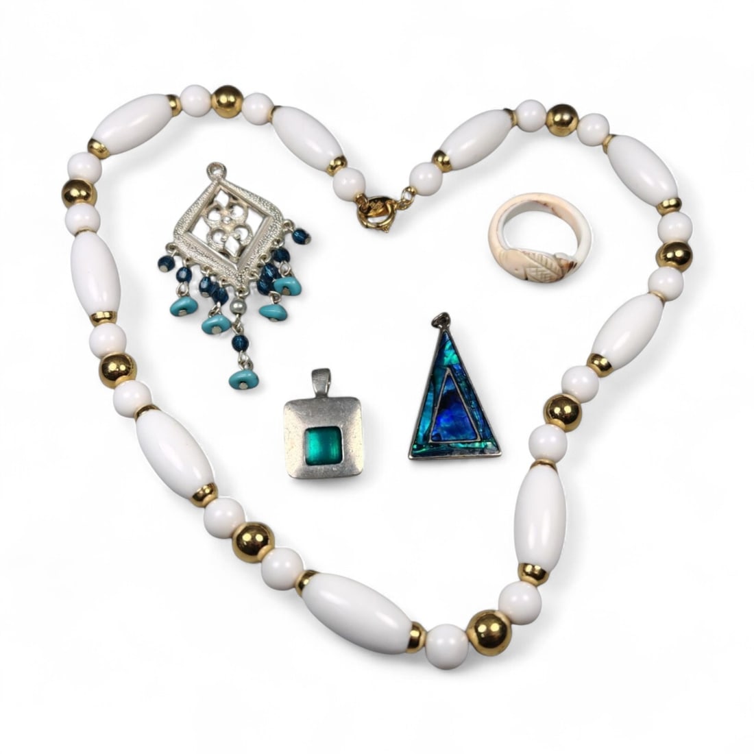 Jewelry Set with White Bead Necklace, Gemstone Pendants, and Carved Ring (1 of 2)