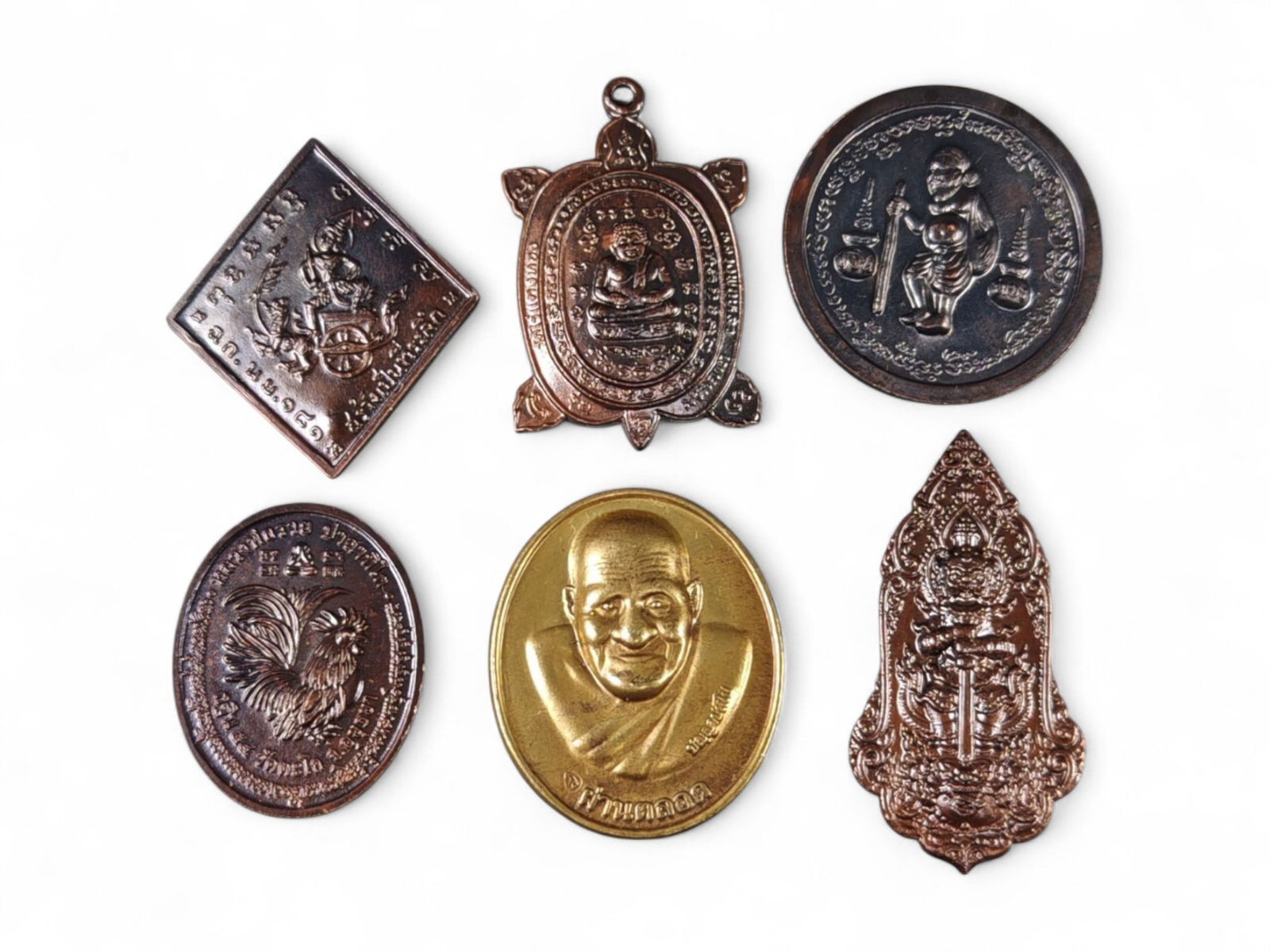 Vintage Thai Buddhist Medallion Set of Six, Mixed Deities and Monks, c. Late 20th Century 3-4.5cm (1 of 2)