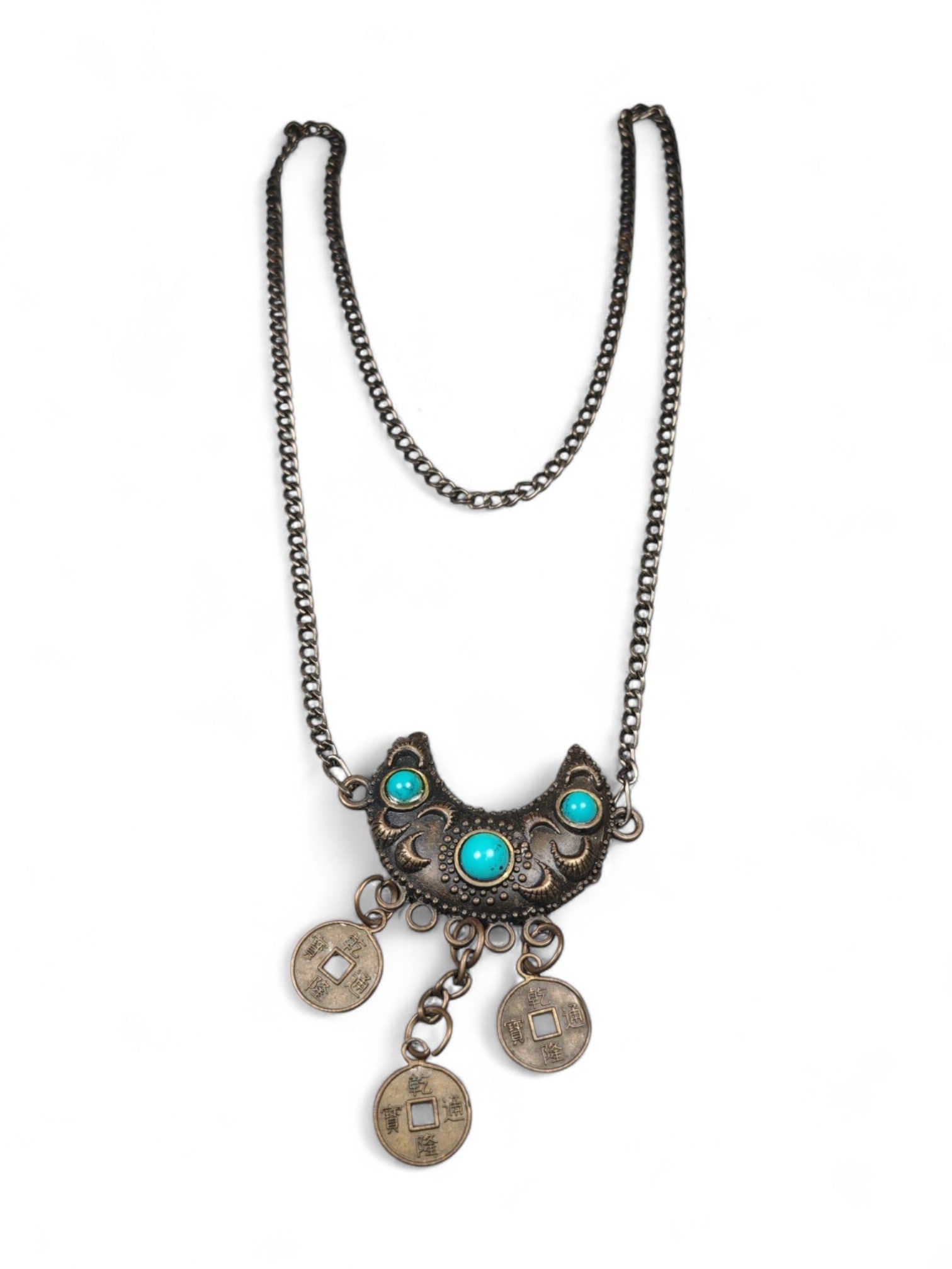 33cm Antique Bronze Necklace with Turquoise Accents and Coin Charms: This striking 33 cm necklace blends tribal artistry with antique bronze charm, featuring a crescent-shaped pendant adorned with vivid turquoise cabochons and hanging coin motifs. The design captures a