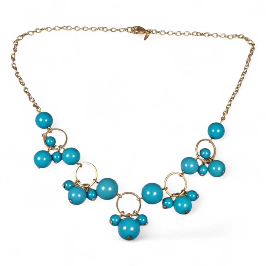 Vintage Fashion Necklace 19cm, Mid-Late 20th Century: A stylish vintage fashion necklace exemplifying the bold and expressive design language of mid-20th century costume jewelry. Crafted from mixed materials such as glass, brass, and plated metal alloys,