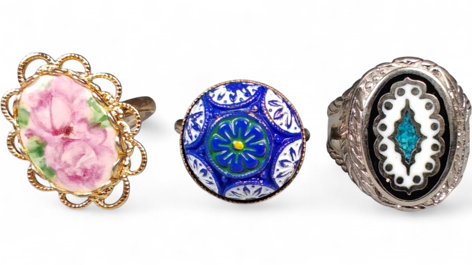 Lot of 3 Vintage and Contemporary Fashion Ring Lot, c. 20th-21st Century: This assorted lot of vintage and contemporary fashion rings offers a vibrant collection of statement pieces showcasing diverse styles, materials, and craftsmanship. Designed for decorative wear rather