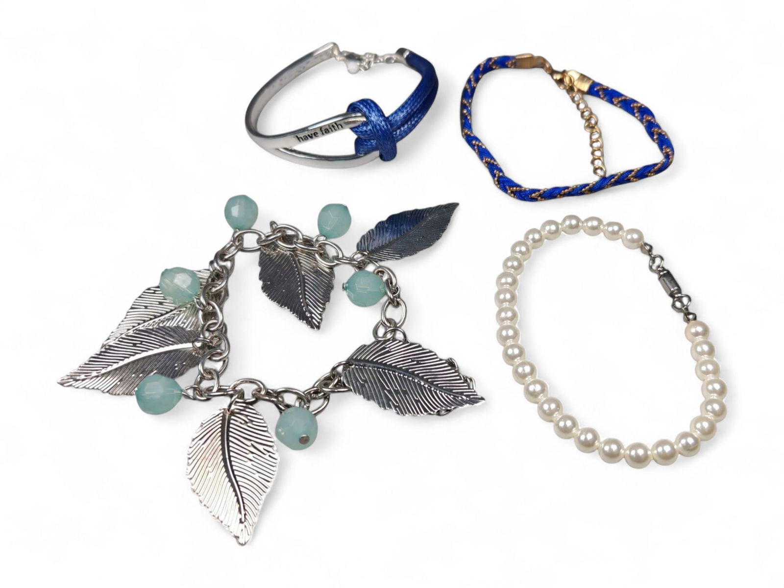 Set of Four Mixed-Material Bracelets - Silver Leaf, Pearl, and Blue Accent Designs (1 of 2)