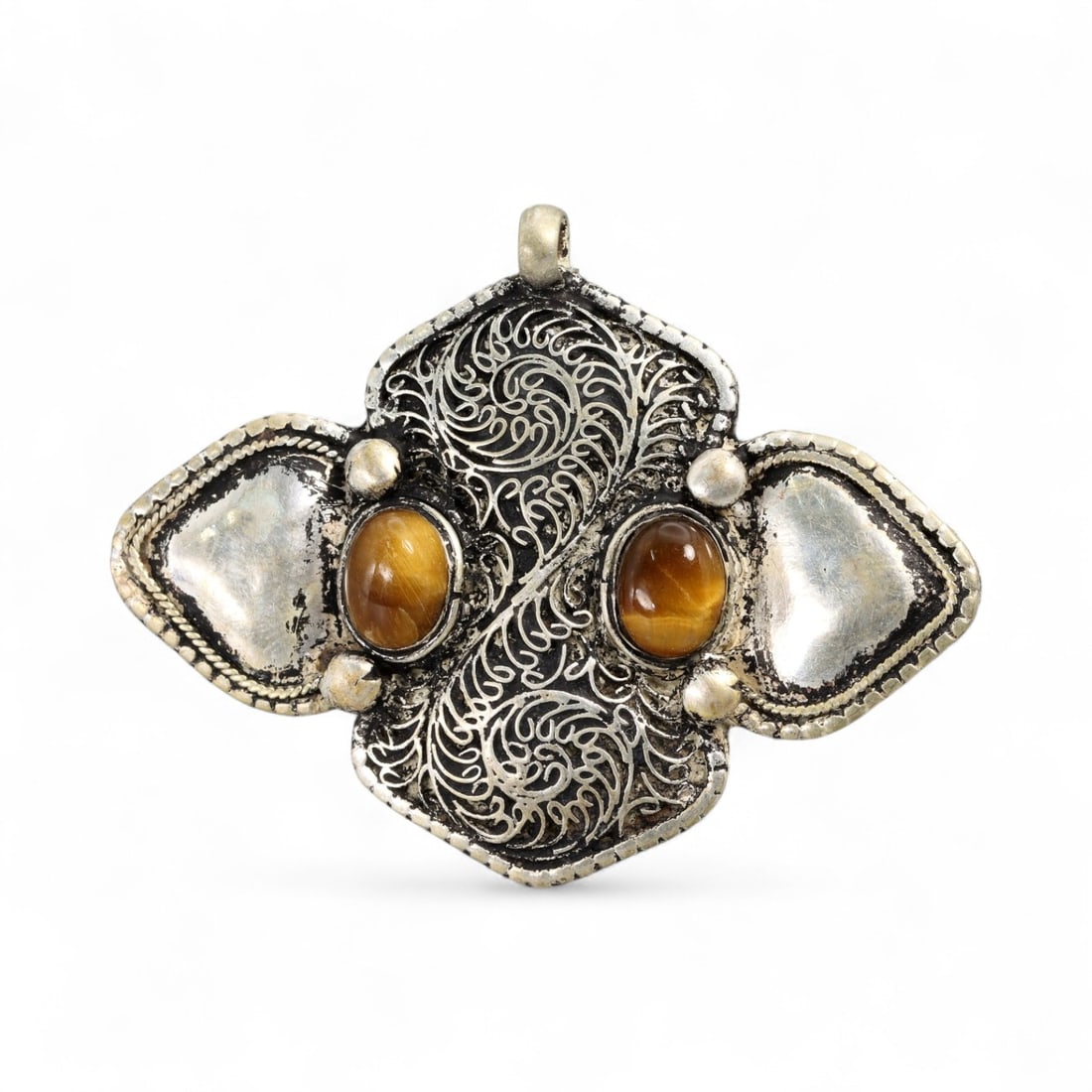 Vintage Himalayan Tibetan Tiger Eye Silver Pendant, 20th Century, 5.8cm (1 of 2)