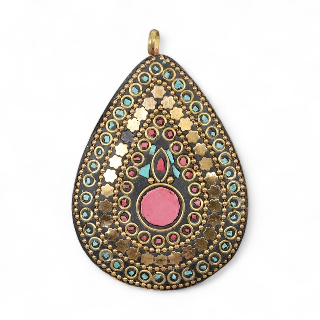 Vintage Himalayan Teardrop Gilt Copper Turquoise Pink Glass Mosaic Pendant, 20th Century, 8cm (1 of 2)