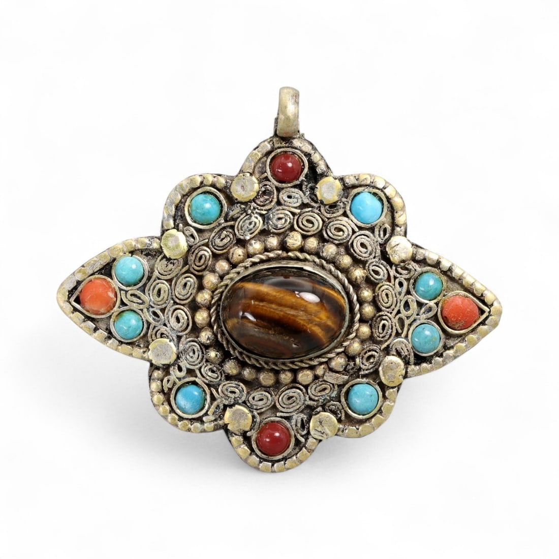 Vintage Himalayan Tibetan Tiger Eye Turquoise Coral Silver Pendant, 20th Century, 5.1cm (1 of 2)