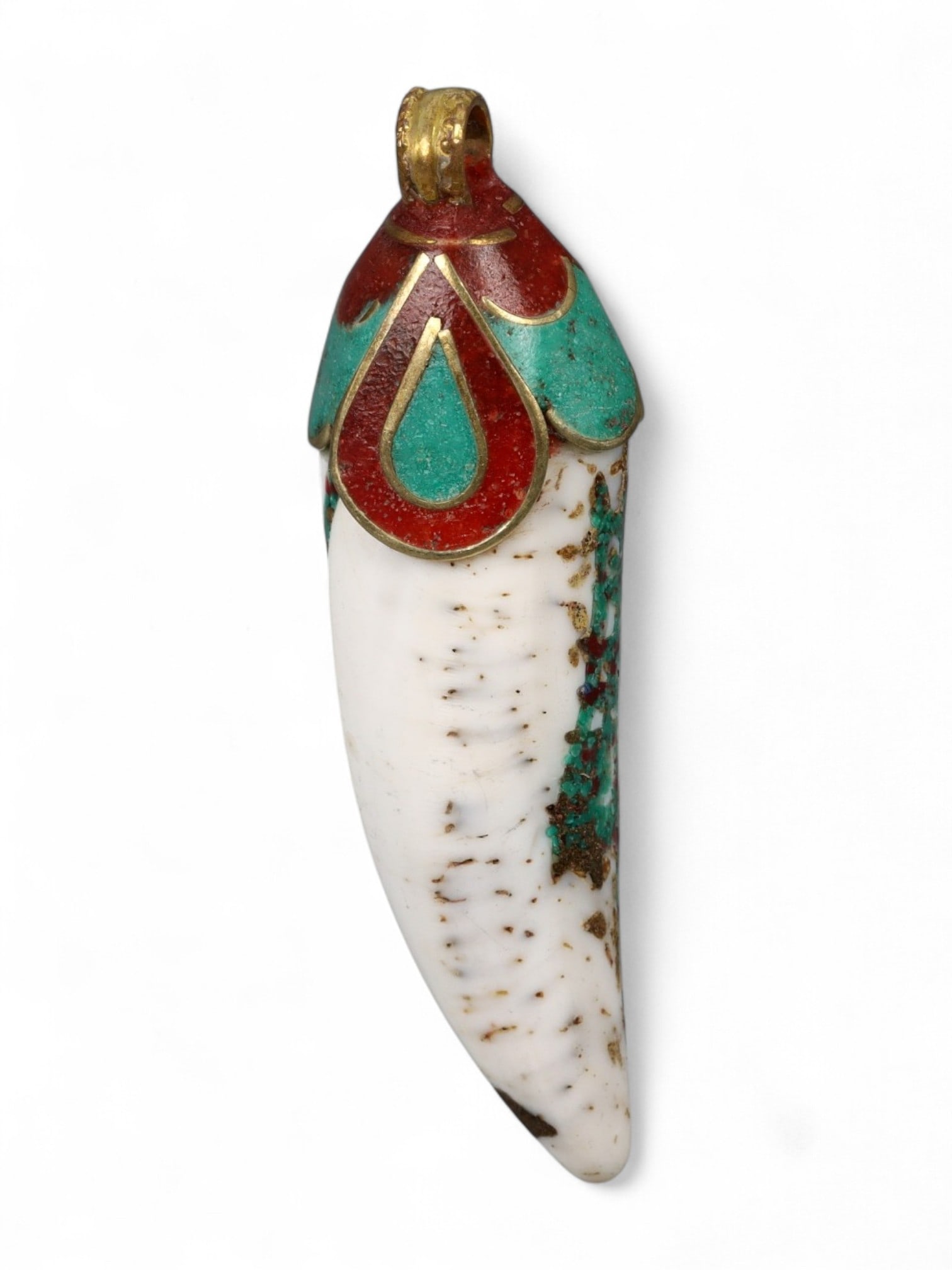 Vintage Himalayan Bone Turquoise Coral Fang Form Pendant, 20th Century, 7cm: This bold Himalayan pendant, dating to the 20th century, is carved in the form of a fang, crafted from polished bone and accented with turquoise and coral inlays. The upper section features a stylized