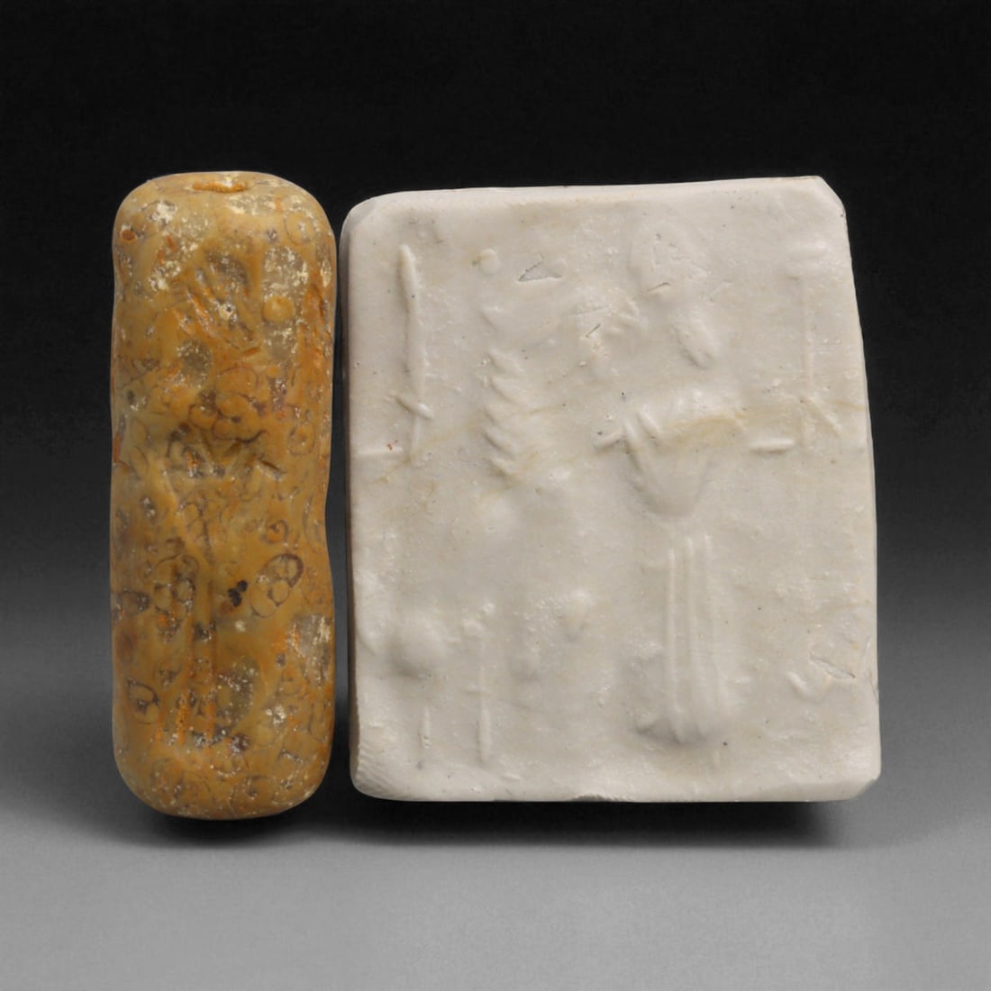 Ancient Mesopotamian Administrative Cylinder Seal, c. 2nd-1st Millennium BCE, 16g: This authentic cylinder seal from ancient Mesopotamia dates to the 2nd to 1st millennium BCE, a time when the art of carving miniature narratives on stone reached remarkable levels of refinement. Seal