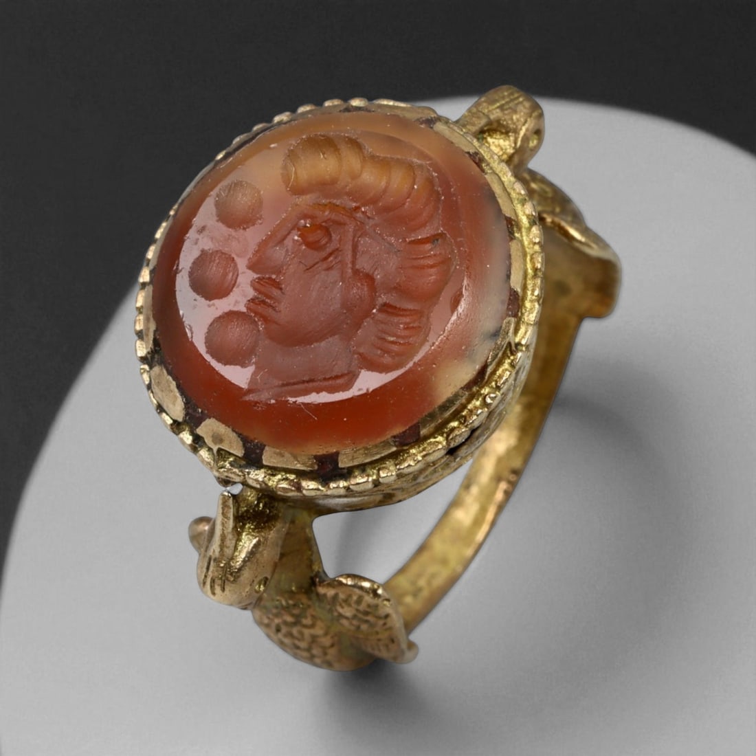 Antique Central Asian Gilt Silver Ring with Carnelian Intaglio Portrait, c. 19th-20th Century, 9g (1 of 3)
