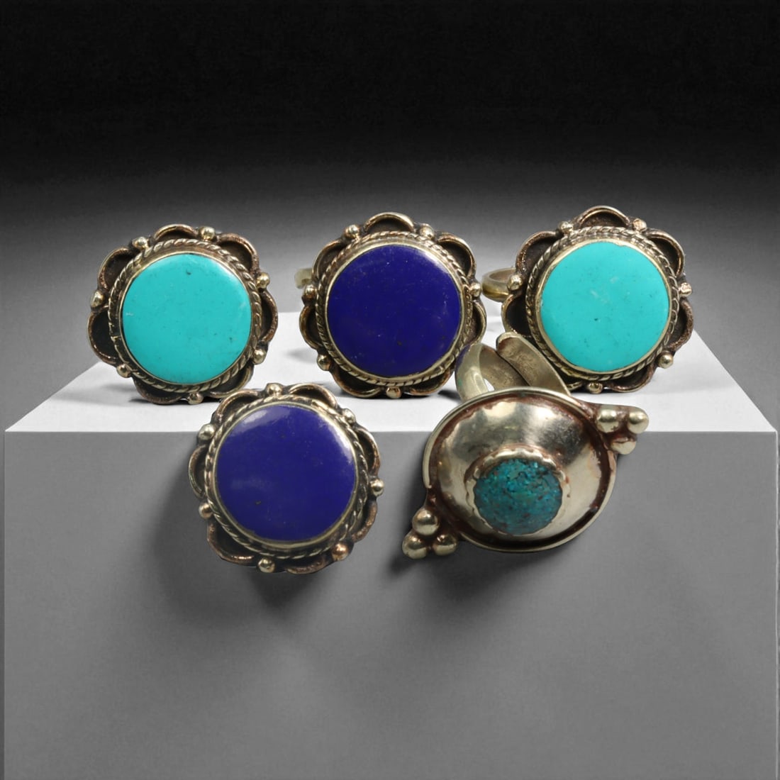 Tibetan Elemental Symbolism Silver Ring Set with Coral, Amber, Lapis, Turquoise, Himalayan, 30g (1 of 2)