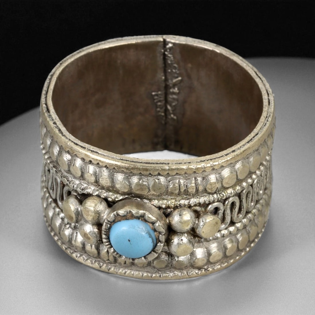 Antique Central Asian Tribal Turquoise Silver Band Ring, c. 19th-20th Century 12g (1 of 3)