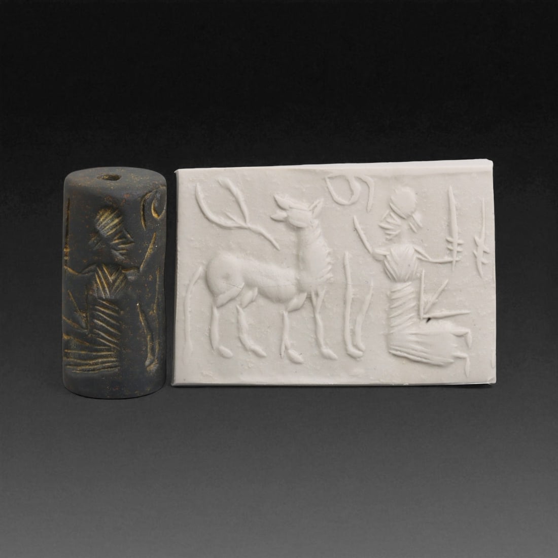 Ancient Mesopotamian Administrative Cylinder Seal, c. 2nd-1st Millennium BCE, 27g: This authentic cylinder seal from ancient Mesopotamia dates to the 2nd to 1st millennium BCE, a time when the art of carving miniature narratives on stone reached remarkable levels of refinement. Seal