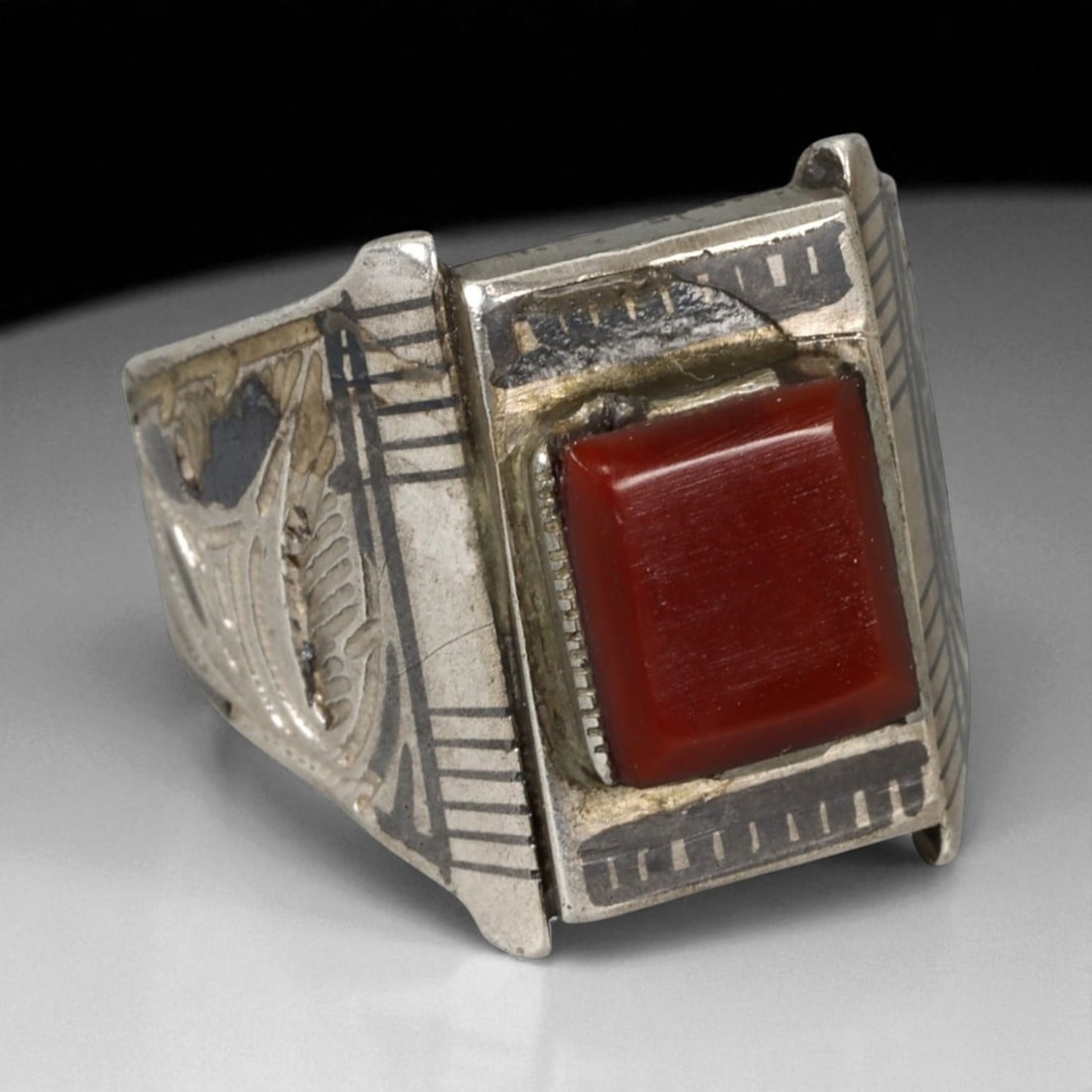 Antique Persian Square Carnelian Silver Ring, c. 19th-20th Century 7g (1 of 3)