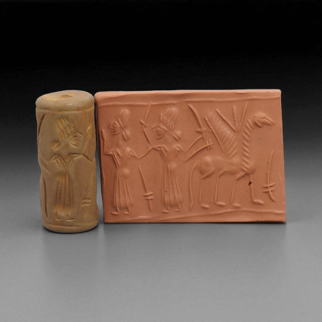 Ancient Mesopotamian Administrative Cylinder Seal, c. 2nd-1st Millennium BCE, 17g: This authentic cylinder seal from ancient Mesopotamia dates to the 2nd to 1st millennium BCE, a time when the art of carving miniature narratives on stone reached remarkable levels of refinement. Seal