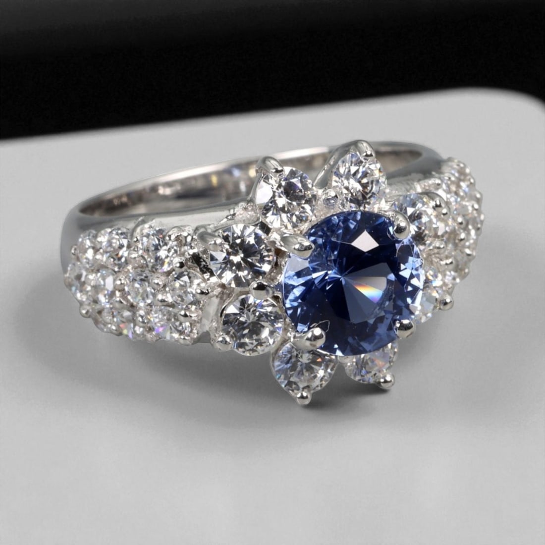 Azure Blossom Pattern 925 Silver Ring with Chatham Blue Sapphire, 5.25 US (1 of 3)