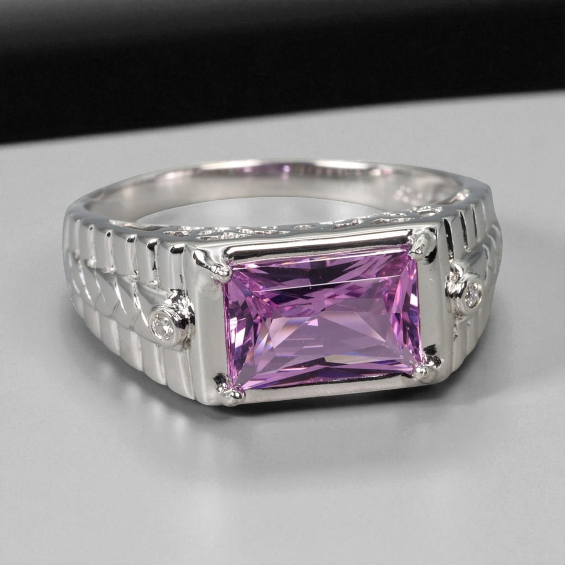 Pink Sapphire Corinthian Column Pattern 925 Silver Ring with Chatham Pink Gemstone, 11.75 US (1 of 3)