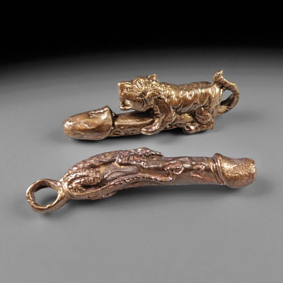 Vintage Thai Palad Khik Tiger and Naga Brass Amulet Pair, c. Mid-Late 20th Century 4.5-5cm (1 of 2)