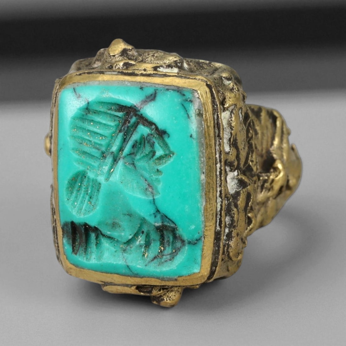 Antique Qajar Gold Gilt Intaglio Signet Ring, c. 19th-20th Century, 6 US (1 of 3)