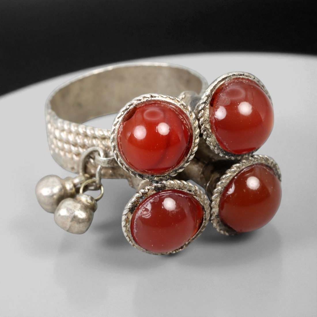 Antique South Asian Tribal Carnelian Cluster Silver Ring, c. 19th-20th Century, US 7 (1 of 3)