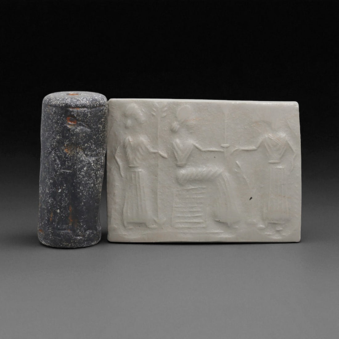 Ancient Mesopotamian Administrative Cylinder Seal, c. 2nd-1st Millennium BCE, 5cm: This authentic cylinder seal from ancient Mesopotamia dates to the 2nd to 1st millennium BCE, a time when the art of carving miniature narratives on stone reached remarkable levels of refinement. Seal