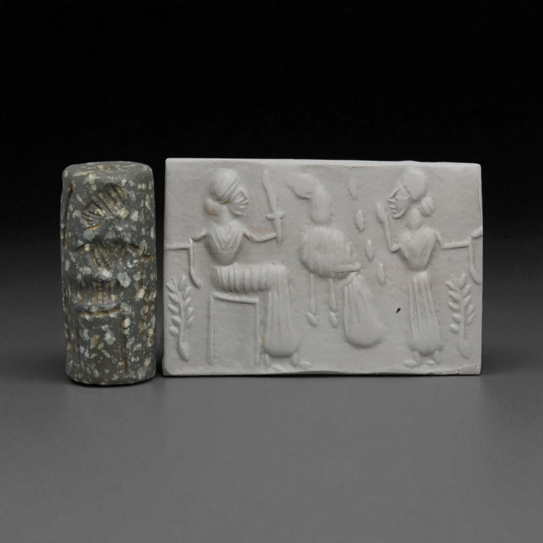 Ancient Mesopotamian Administrative Cylinder Seal, c. 2nd-1st Millennium BCE, 4cm: This authentic cylinder seal from ancient Mesopotamia dates to the 2nd to 1st millennium BCE, a time when the art of carving miniature narratives on stone reached remarkable levels of refinement. Seal