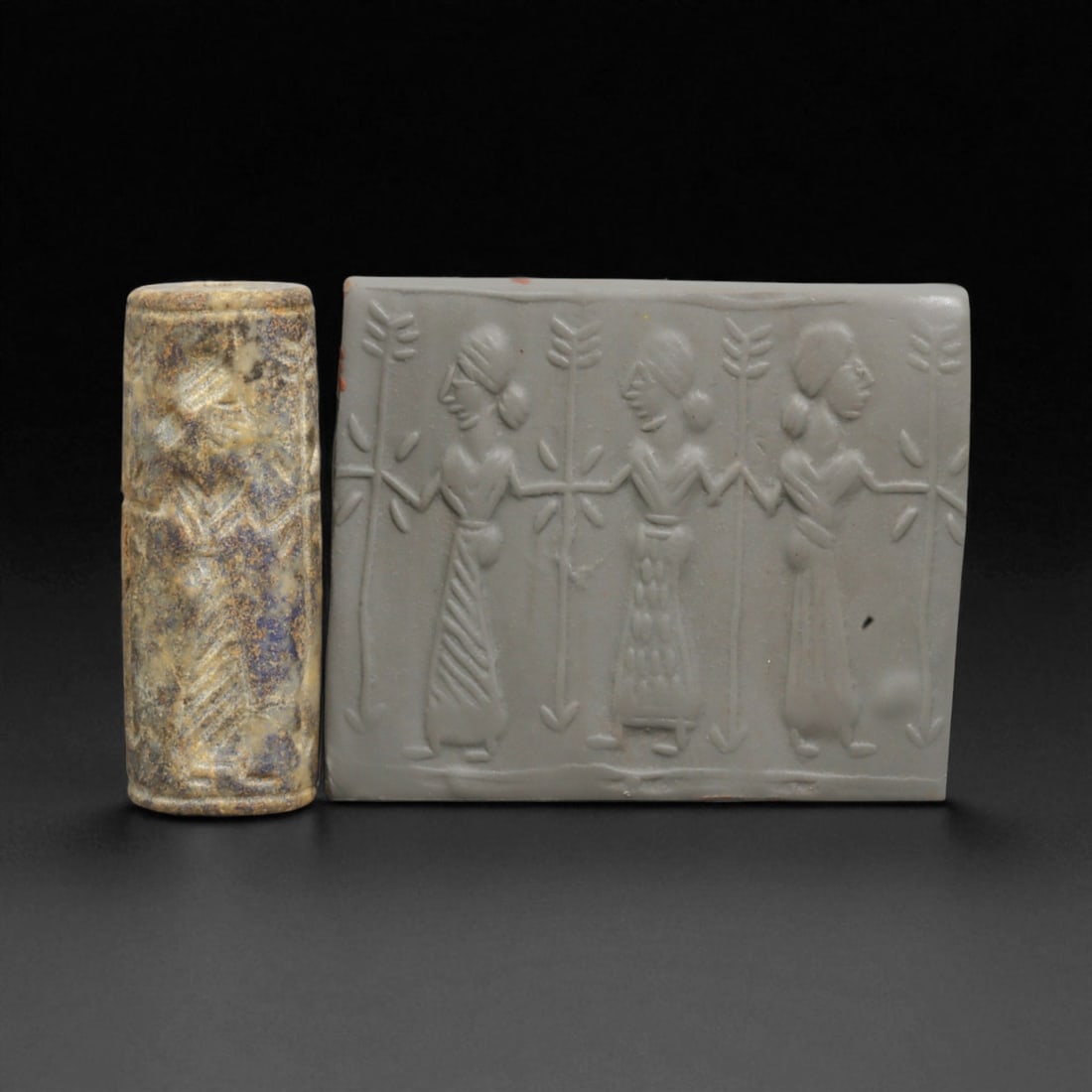 Ancient Mesopotamian Administrative Cylinder Seal, c. 2nd-1st Millennium BCE, 5cm: This authentic cylinder seal from ancient Mesopotamia dates to the 2nd to 1st millennium BCE, a time when the art of carving miniature narratives on stone reached remarkable levels of refinement. Seal