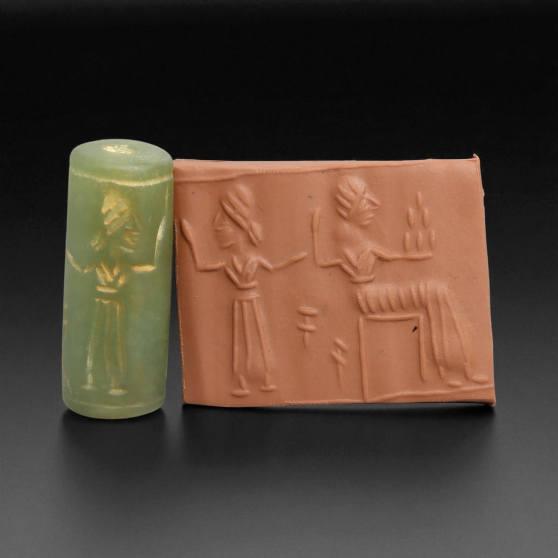 Ancient Akkadian Green Stone Cylinder Seal with Seated Deity, c. 2300-2100 BCE 14g (1 of 3)