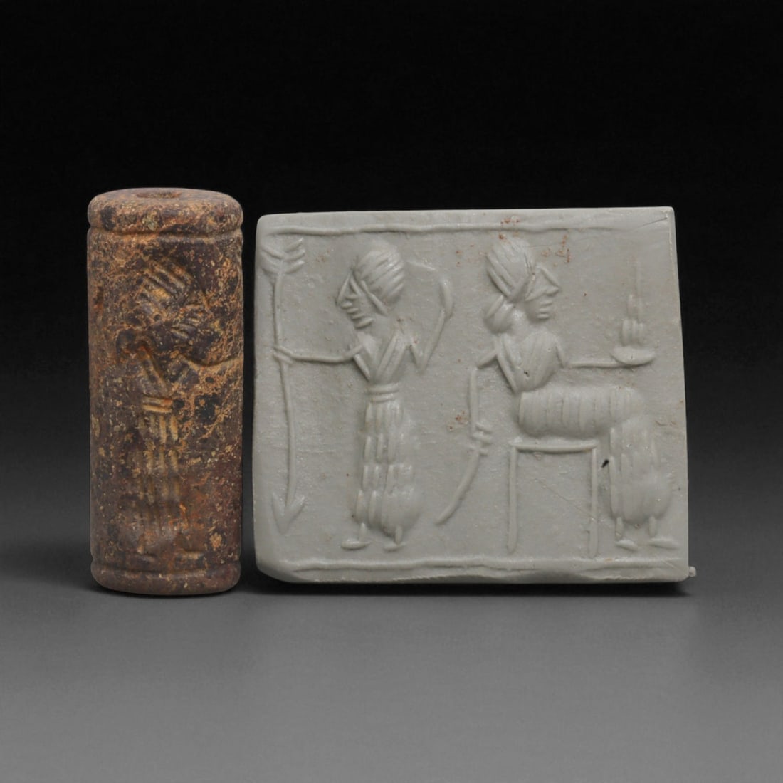 Ancient Mesopotamian Administrative Cylinder Seal, c. 2nd-1st Millennium BCE, 4cm: This authentic cylinder seal from ancient Mesopotamia dates to the 2nd to 1st millennium BCE, a time when the art of carving miniature narratives on stone reached remarkable levels of refinement. Seal