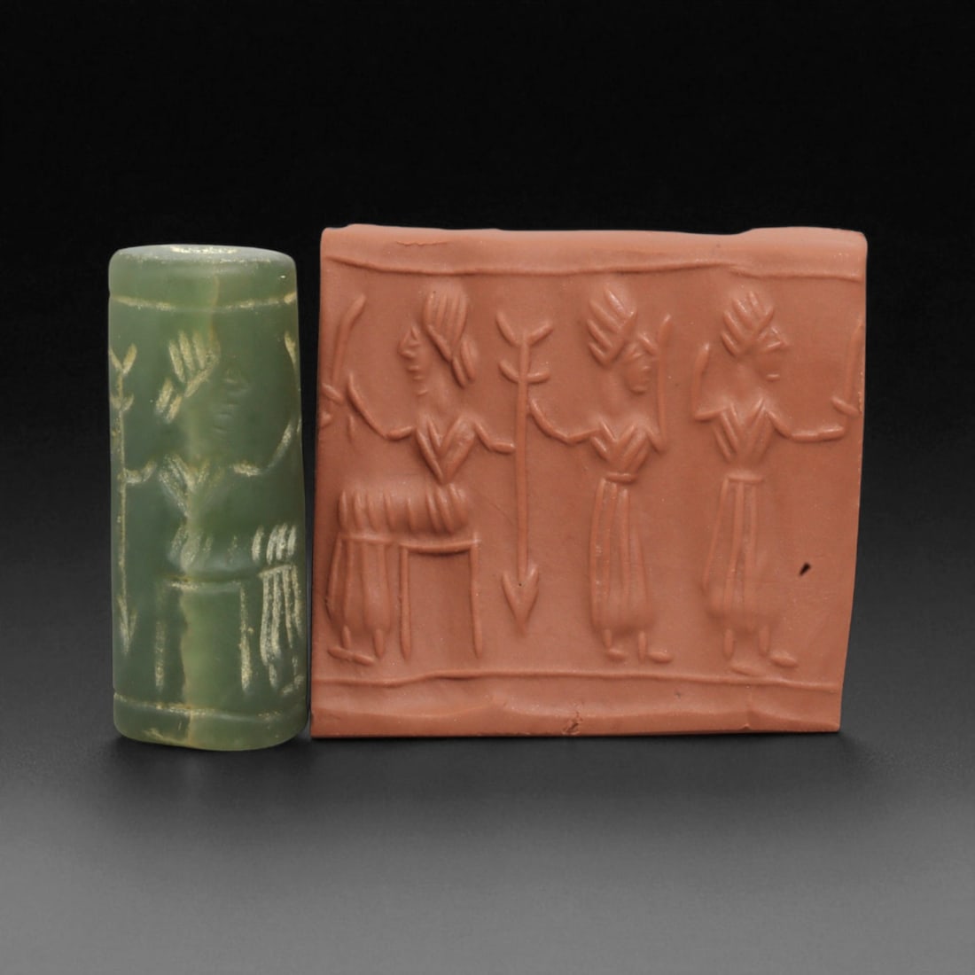 Ancient Mesopotamian Administrative Cylinder Seal, c. 2nd-1st Millennium BCE, 3.7cm: This authentic cylinder seal from ancient Mesopotamia dates to the 2nd to 1st millennium BCE, a time when the art of carving miniature narratives on stone reached remarkable levels of refinement. Seal