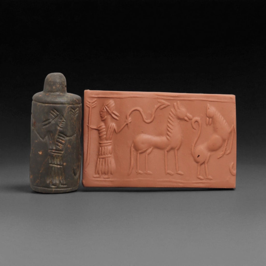 Ancient Mesopotamian Administrative Cylinder Seal, c. 2nd-1st Millennium BCE, 4.8cm: This authentic cylinder seal from ancient Mesopotamia dates to the 2nd to 1st millennium BCE, a time when the art of carving miniature narratives on stone reached remarkable levels of refinement. Seal